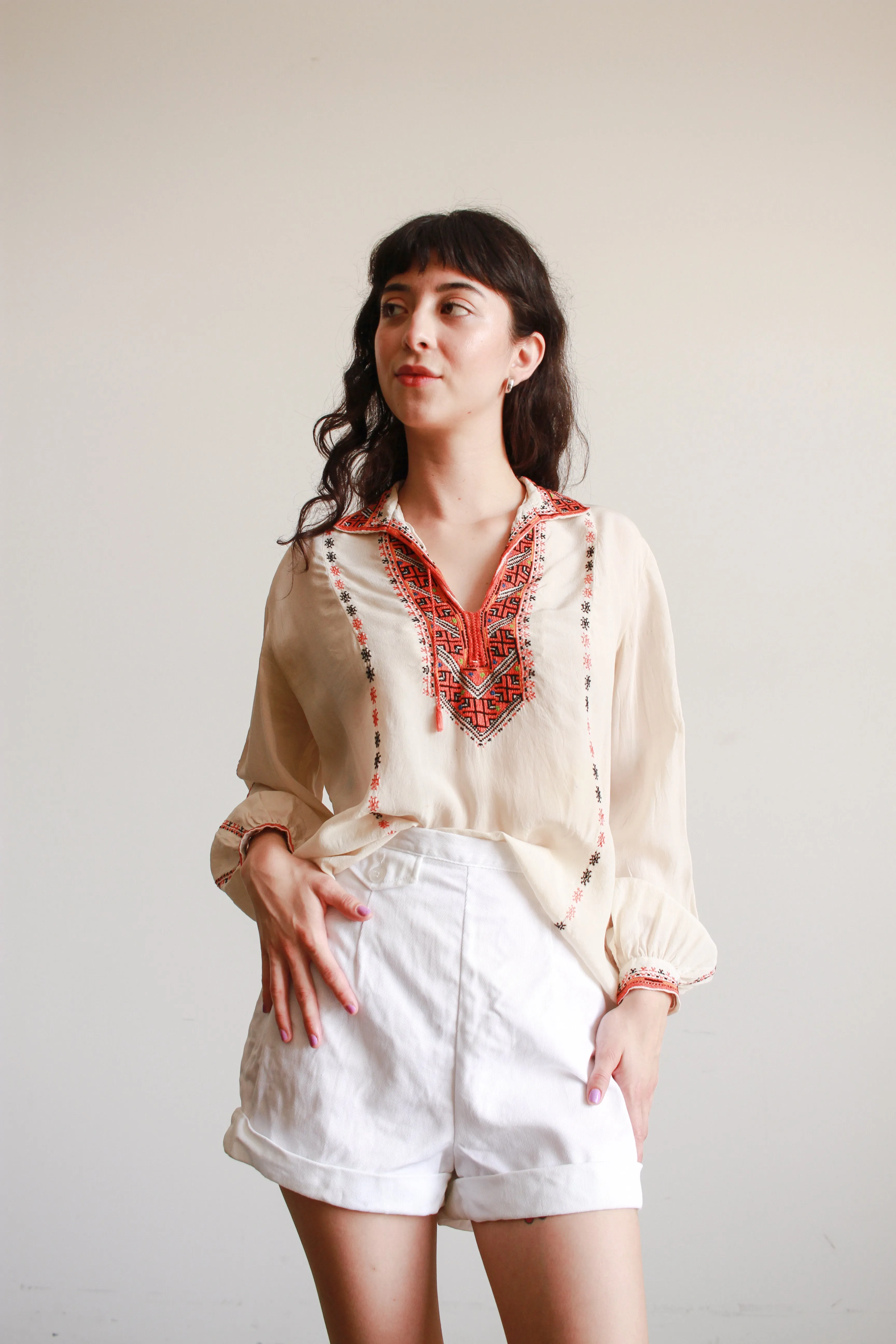 1940s Eastern European Embroidered Silk Blouse