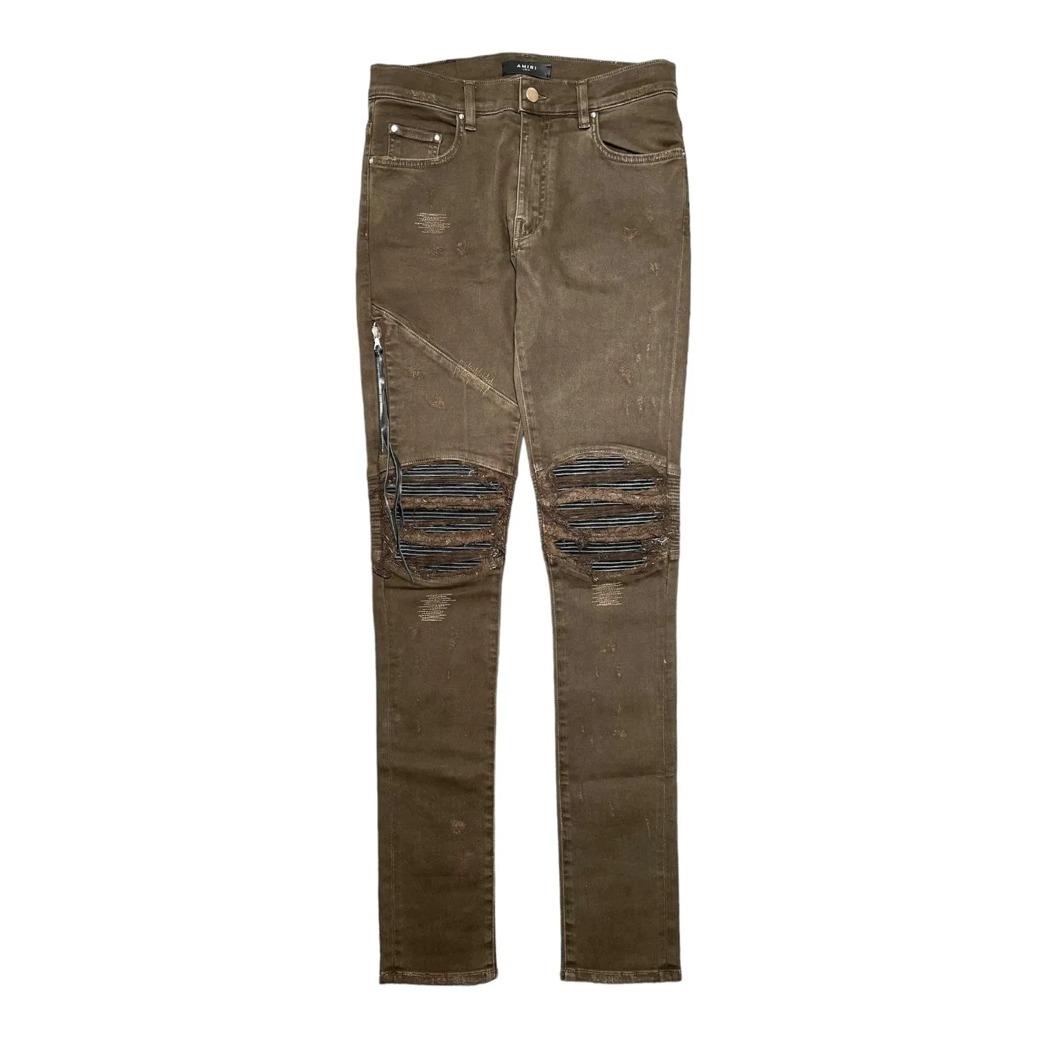 Amiri MX2 Black Leather Patchwork Jeans Olive Green