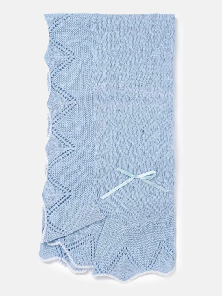 Baby Spanish Ribbon Bow and Dot Knitted Shawl -Baby Blue