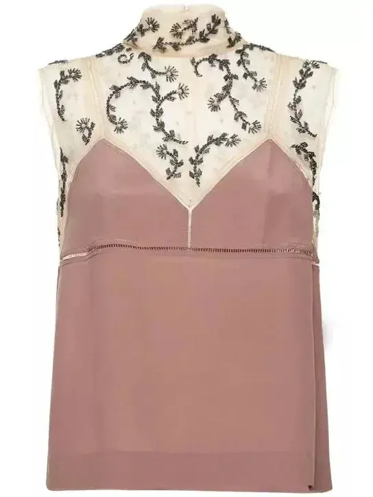 Bead-Embellished Crepe De Chine Silk Top in Dusty Rose