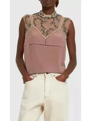 Bead-Embellished Crepe De Chine Silk Top in Dusty Rose