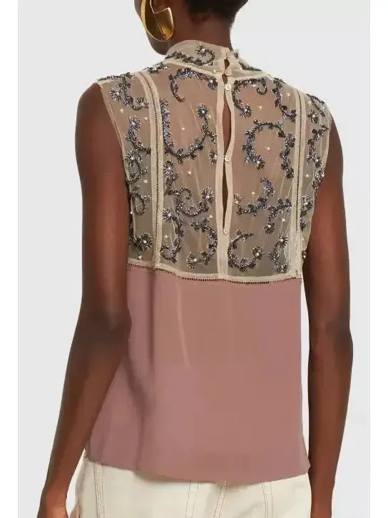 Bead-Embellished Crepe De Chine Silk Top in Dusty Rose