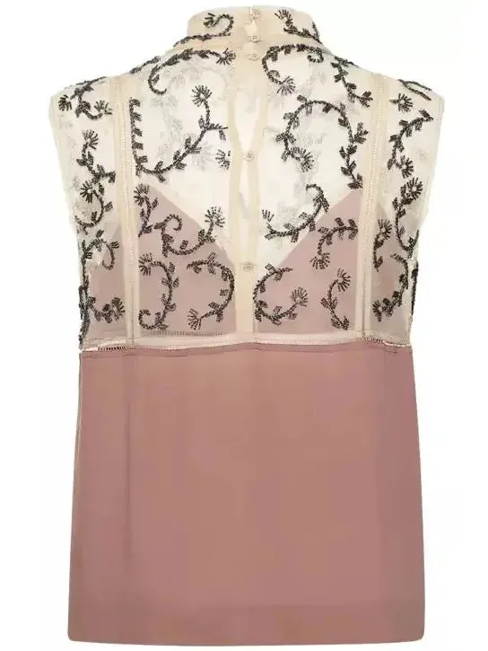 Bead-Embellished Crepe De Chine Silk Top in Dusty Rose