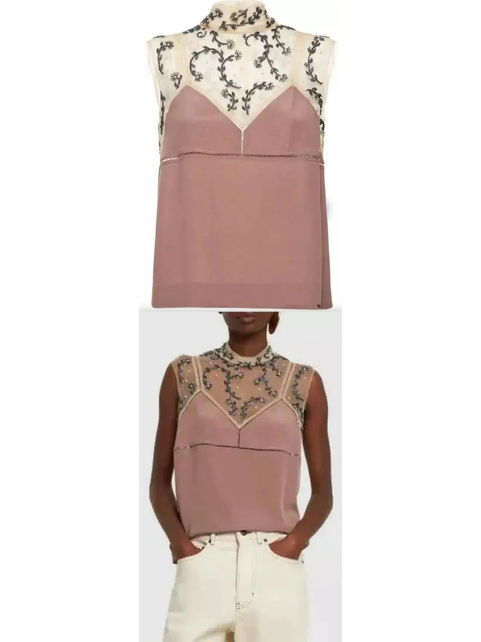 Bead-Embellished Crepe De Chine Silk Top in Dusty Rose