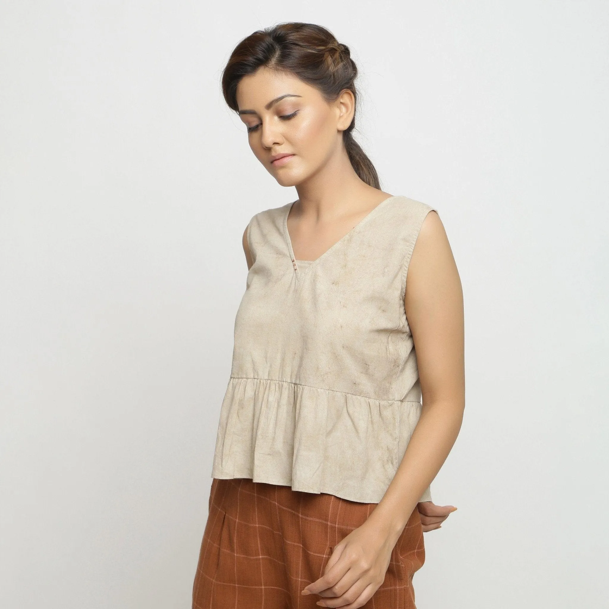 Beige Dabu Printed Embroidered Cotton Gathered Yoke Top