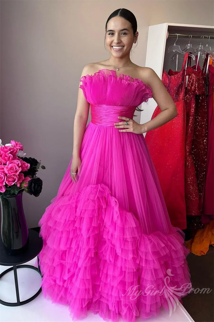 Black A-line Strapless Tulle Layered Long Prom Dresses Princess Formal Dress GP491