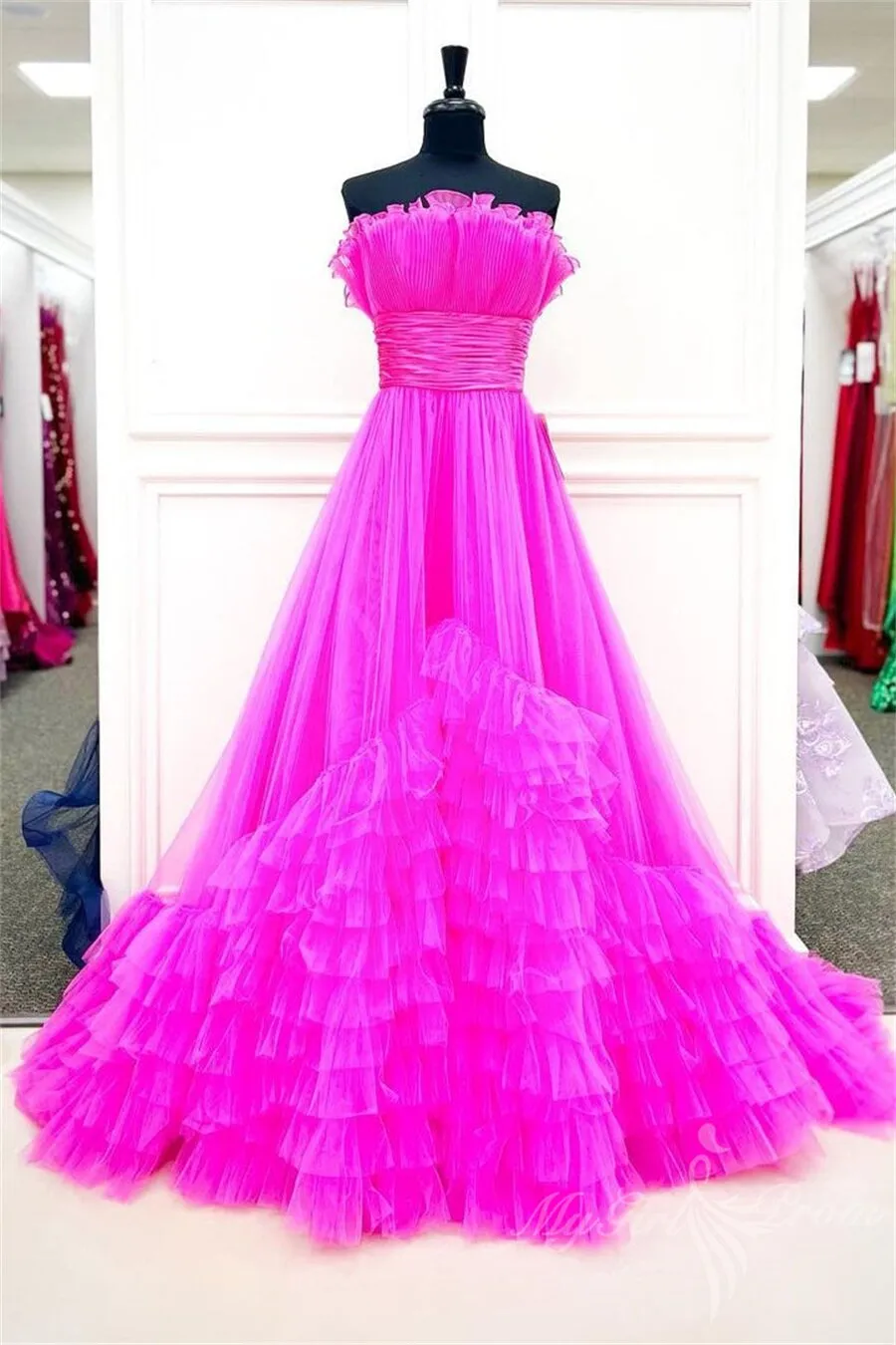 Black A-line Strapless Tulle Layered Long Prom Dresses Princess Formal Dress GP491