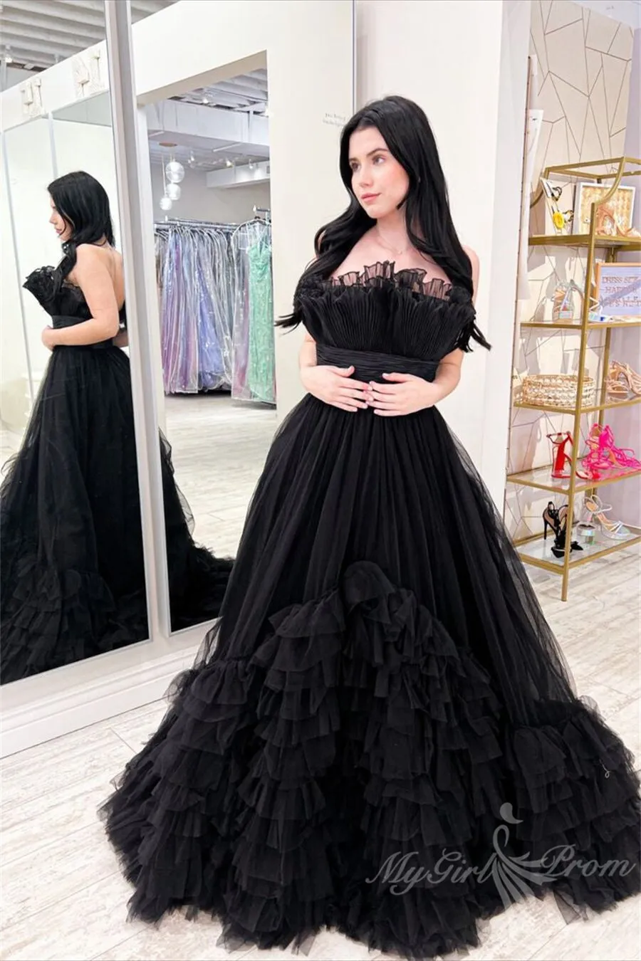 Black A-line Strapless Tulle Layered Long Prom Dresses Princess Formal Dress GP491