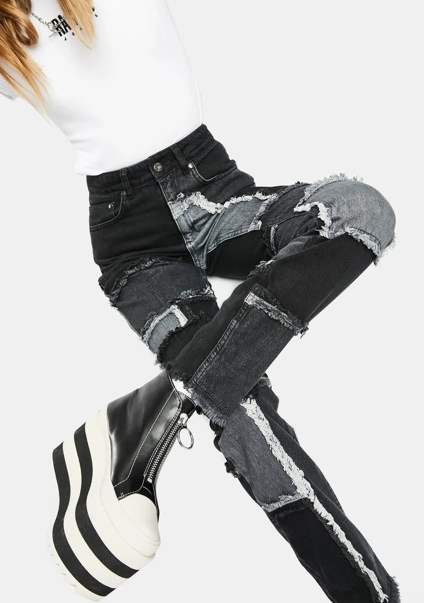 Black Cheat Patchwork Mom Jeans