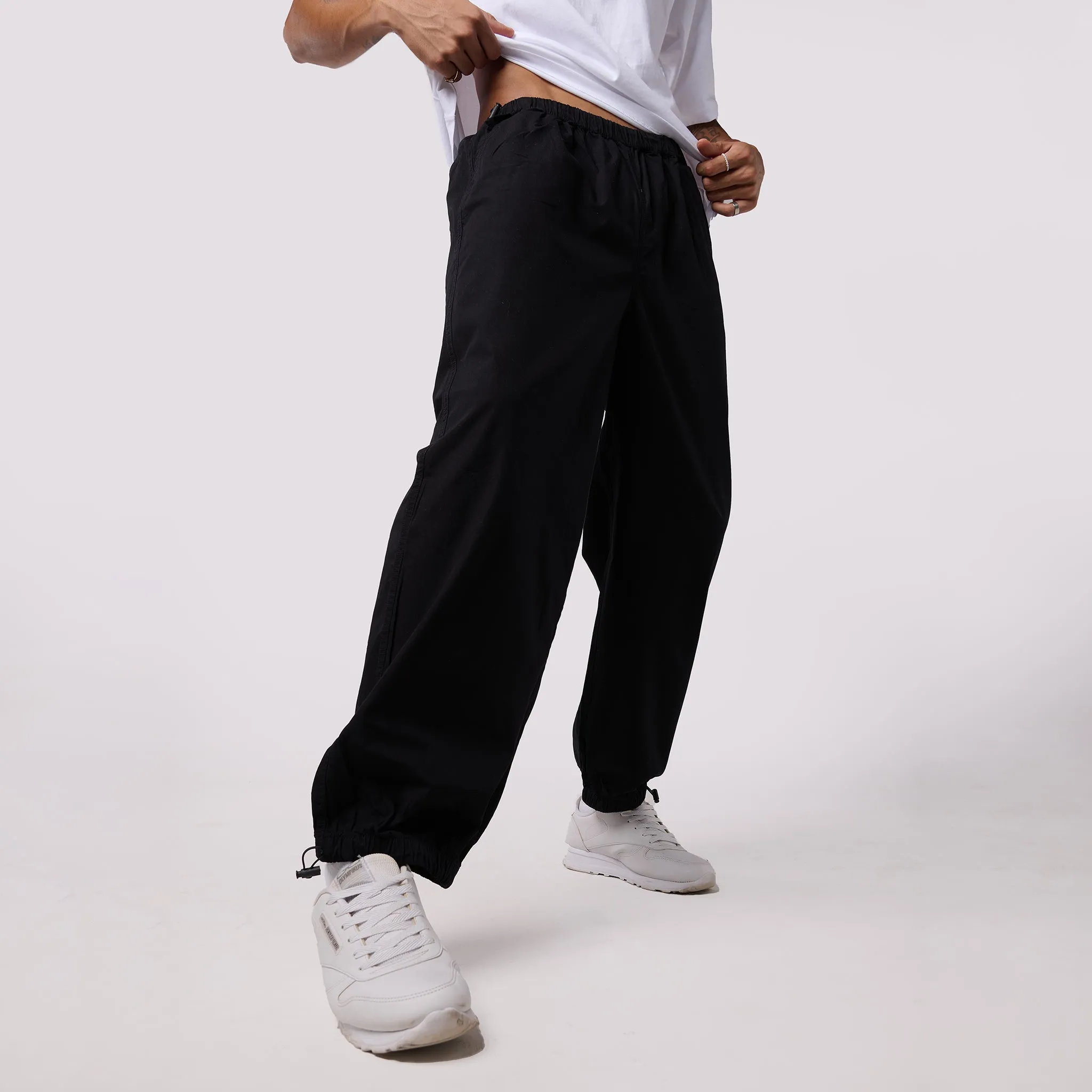 Black Parachute Pants & White Rugby Shirt Set