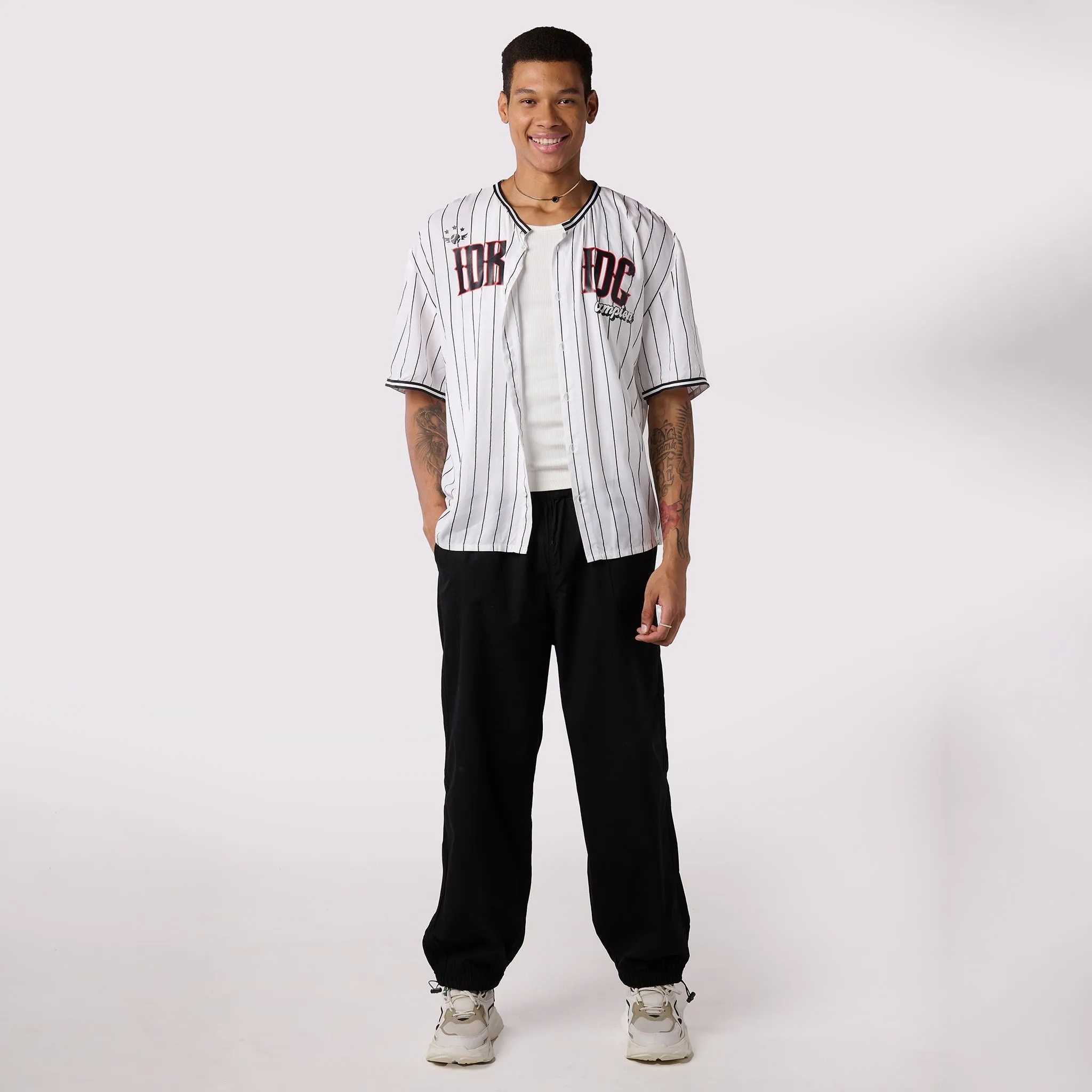 Black Parachute Pants & White Rugby Shirt Set