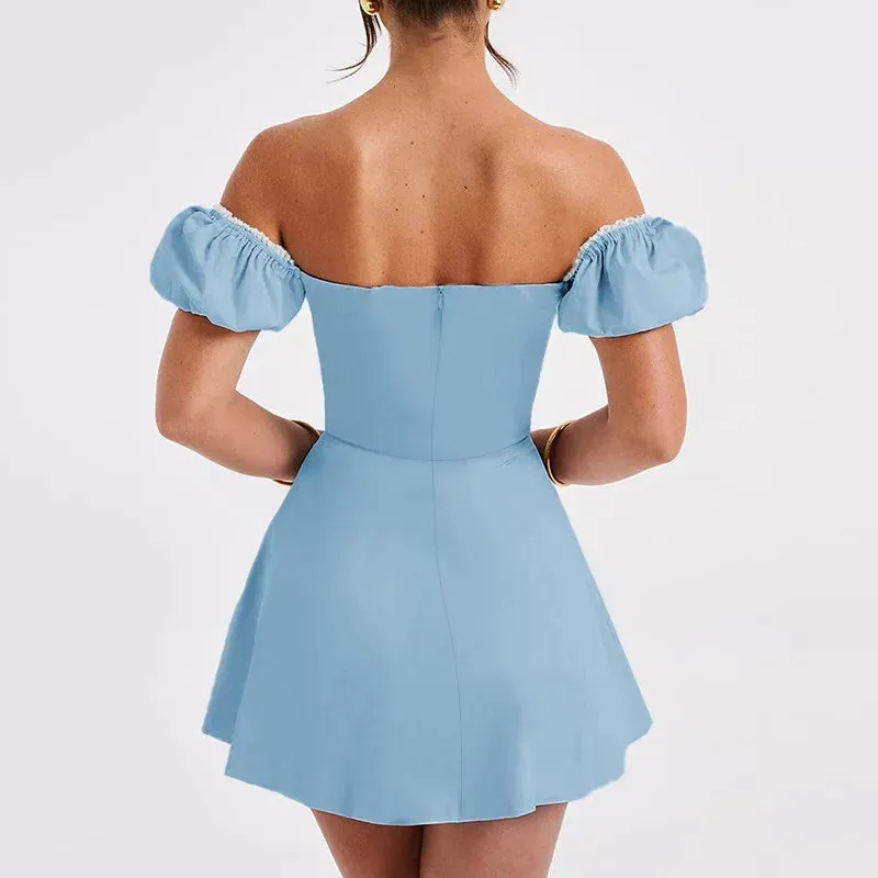 Blue Off-shoulder Puff Charming Sleeve Mini Dress