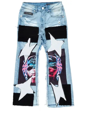 Boys Helios Blue Patchwork Stacked Flare Jean