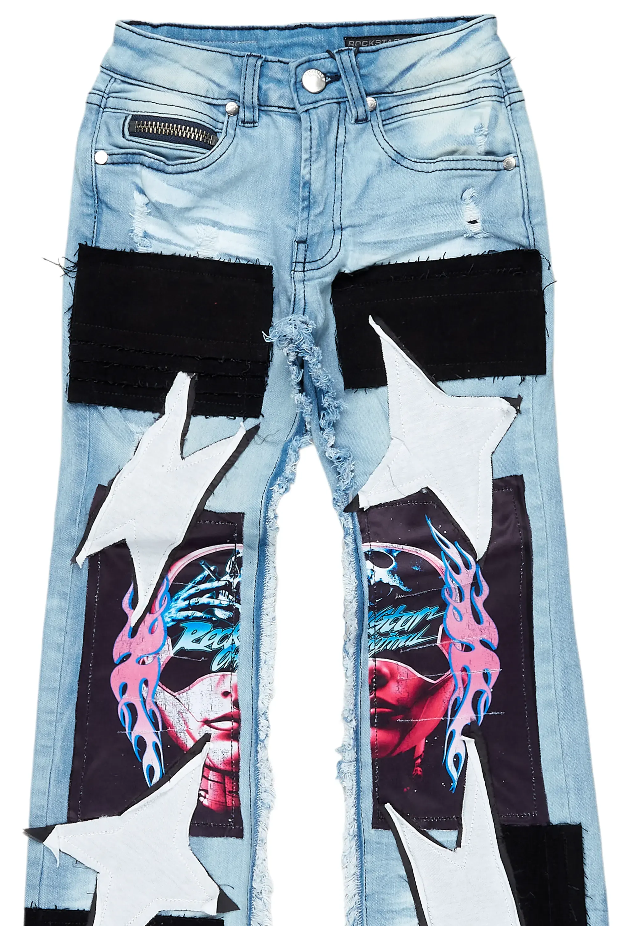 Boys Helios Blue Patchwork Stacked Flare Jean