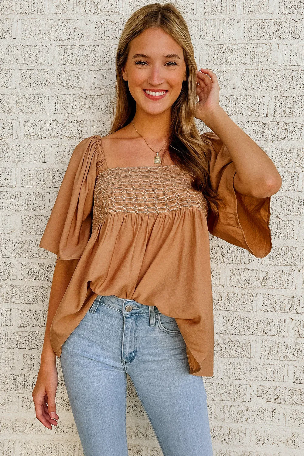 Brown Square Neck Flared Sleeve Smocked Blouse