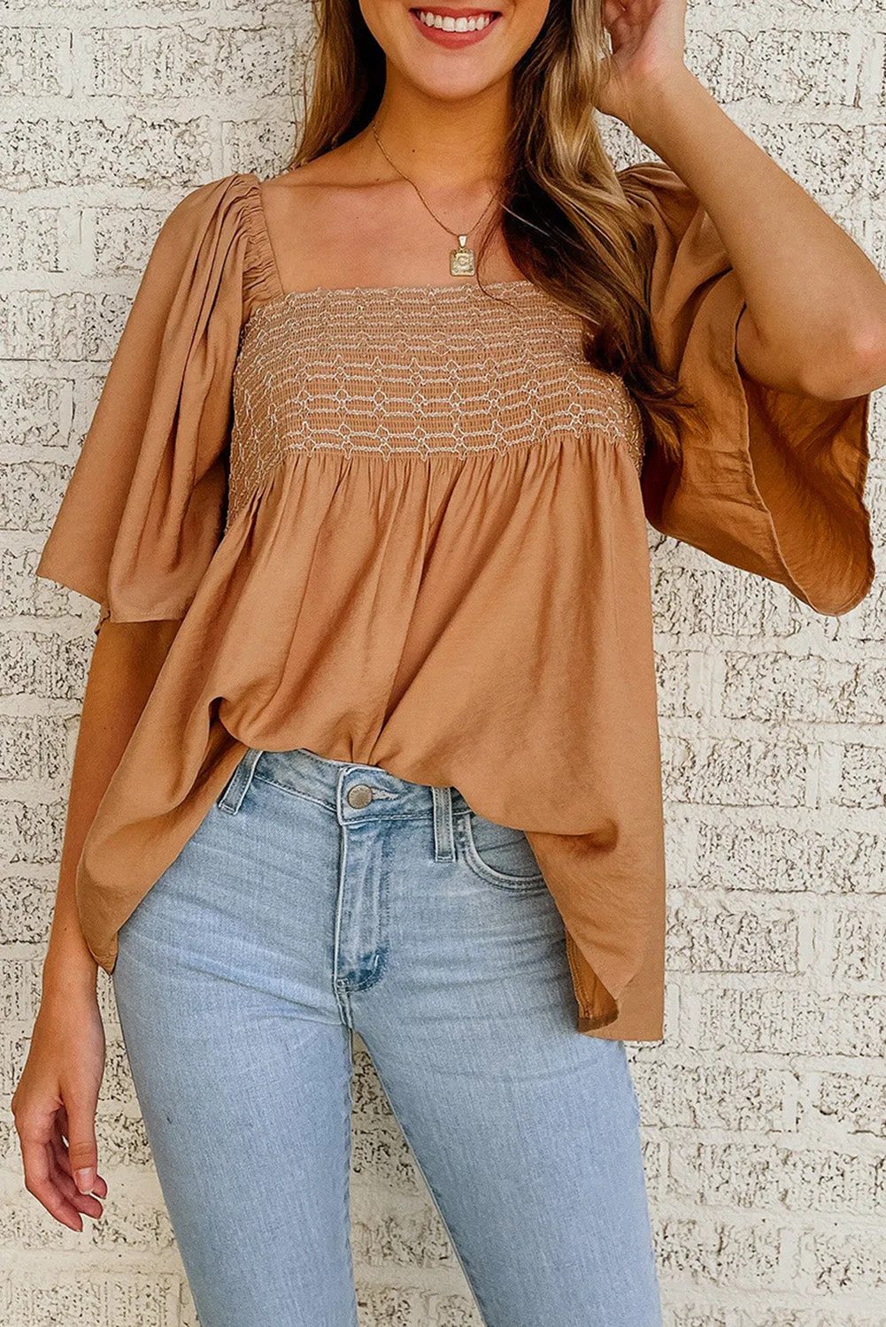 Brown Square Neck Flared Sleeve Smocked Blouse