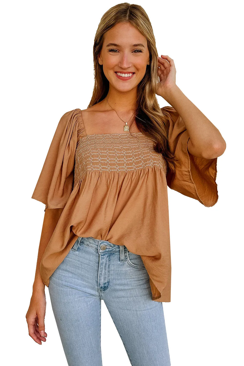 Brown Square Neck Flared Sleeve Smocked Blouse