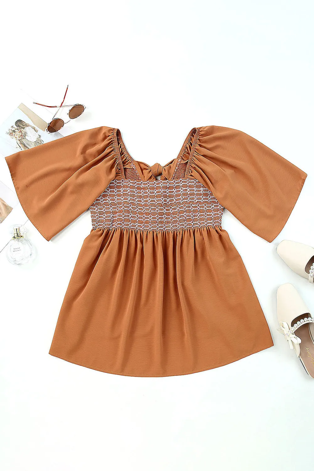 Brown Square Neck Flared Sleeve Smocked Blouse