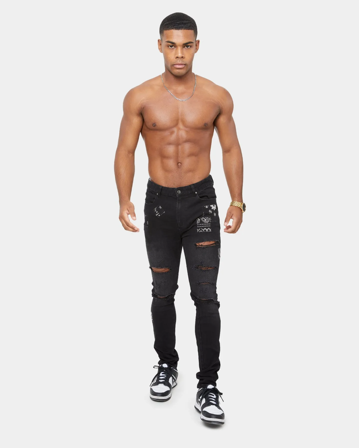 Carre Bandana Ultra Patchwork Distressed Jeans Washed Black