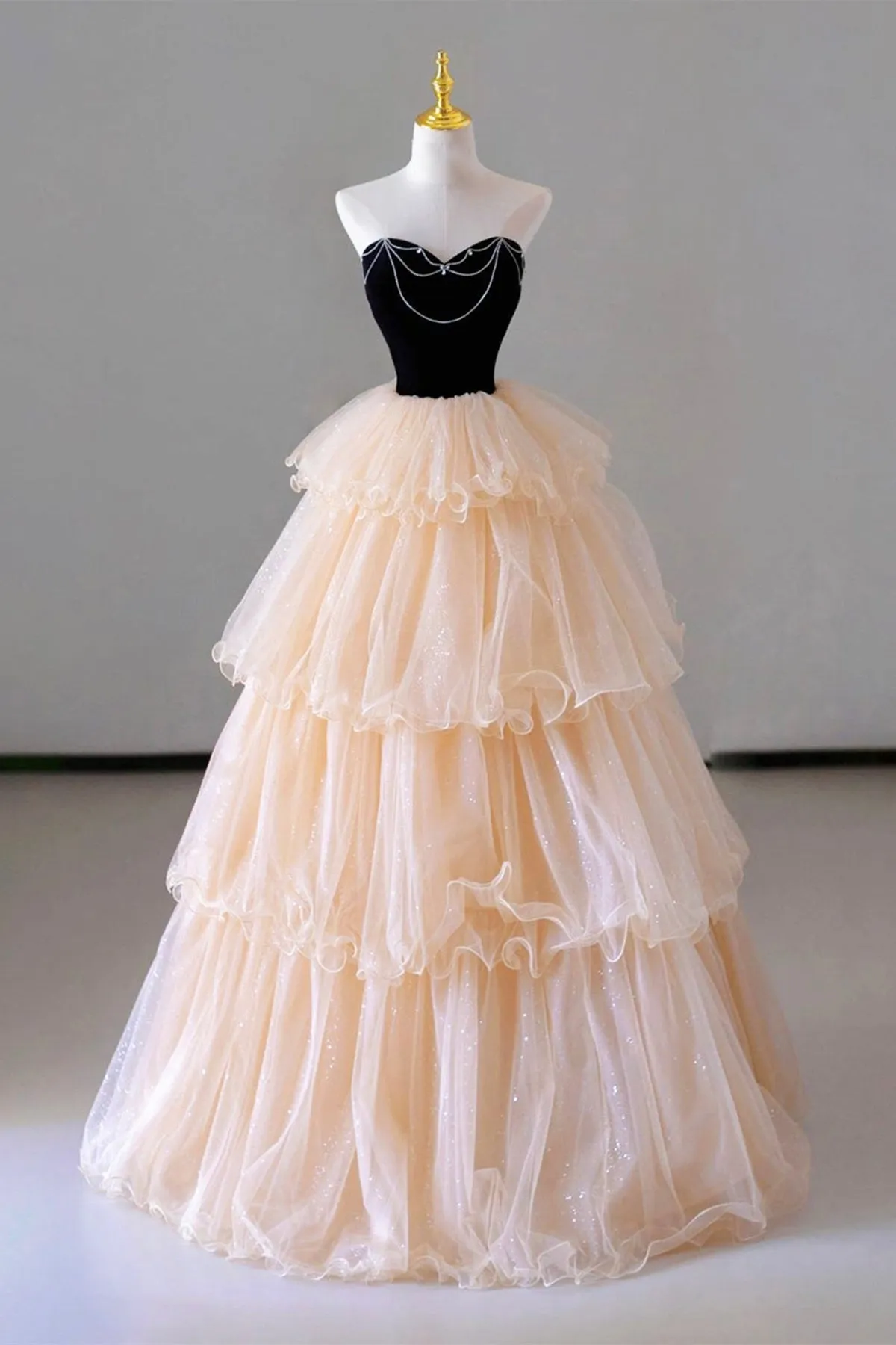 Champagne Tulle A Line Strapless Layered Long Prom Dresses, Champagne Formal Graduation Evening Dresses WT1163