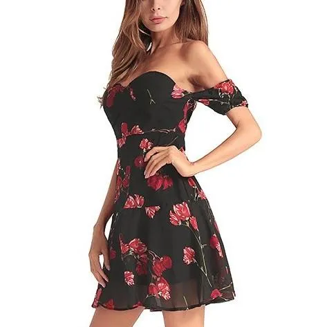 Chiffon Cold Shoulder Print Off Shoulder Skater Dresses