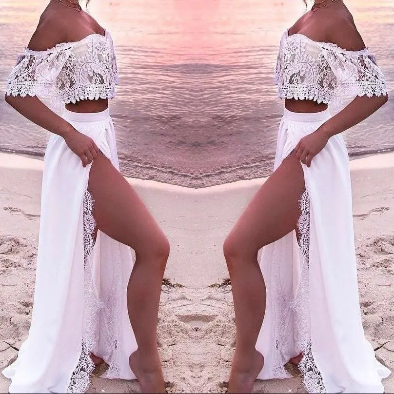 Cold Shoulder Off Shoulder Split Lace Maxi Dresses