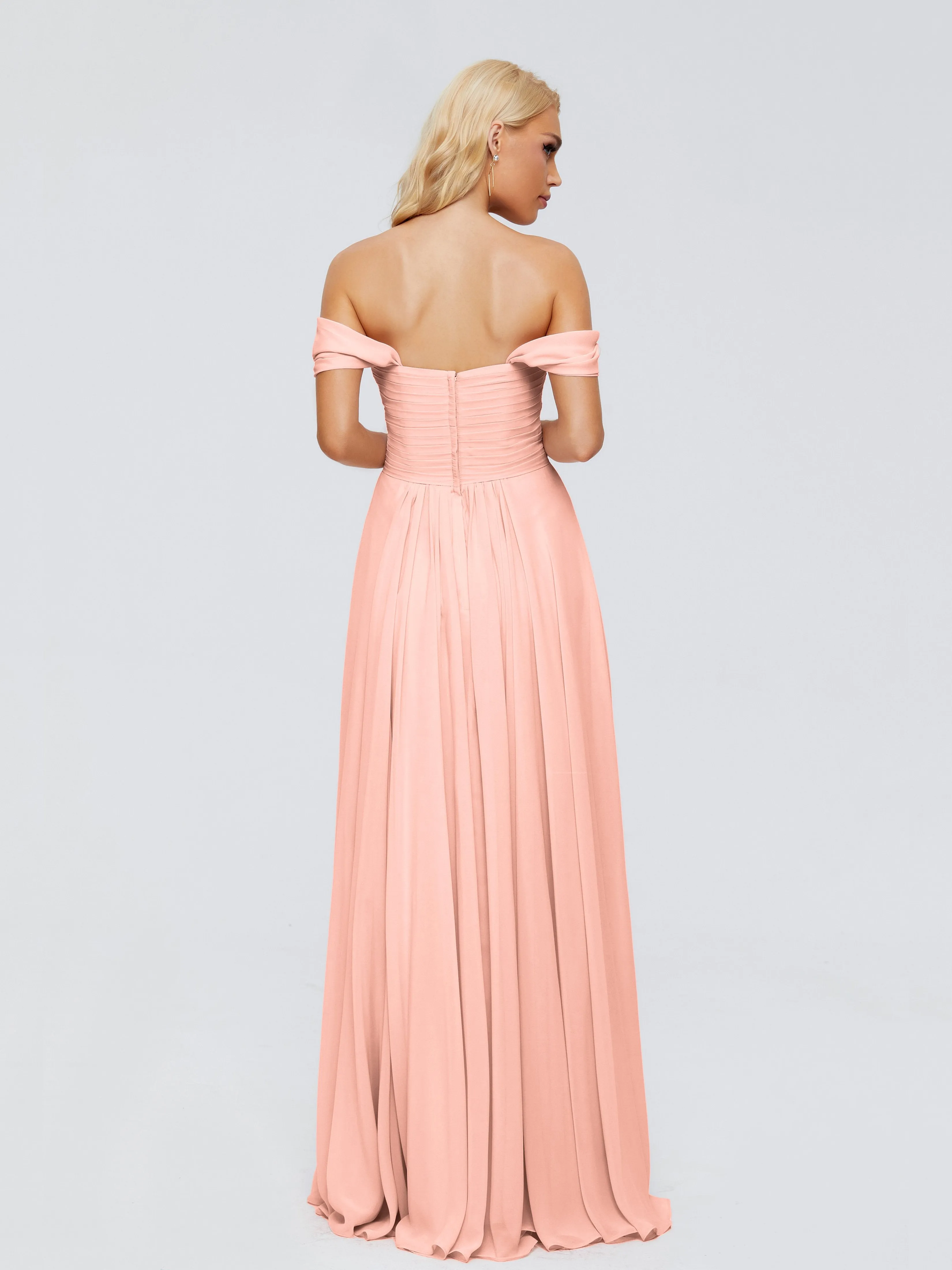 Coral Bridesmaid Trinity Gorgeous Off The Shoulder Long Chiffon Bridesmaid Dresses