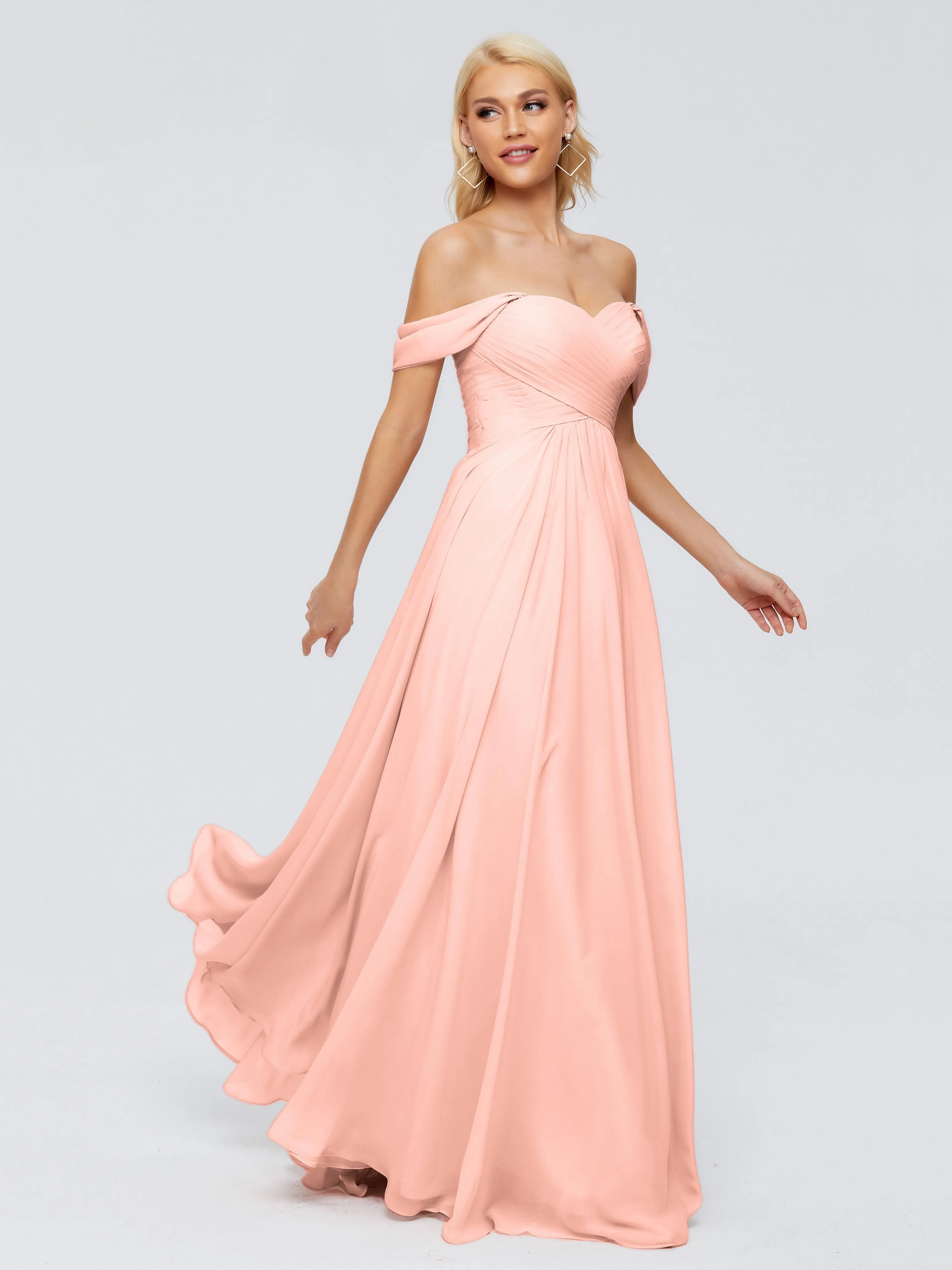 Coral Bridesmaid Trinity Gorgeous Off The Shoulder Long Chiffon Bridesmaid Dresses