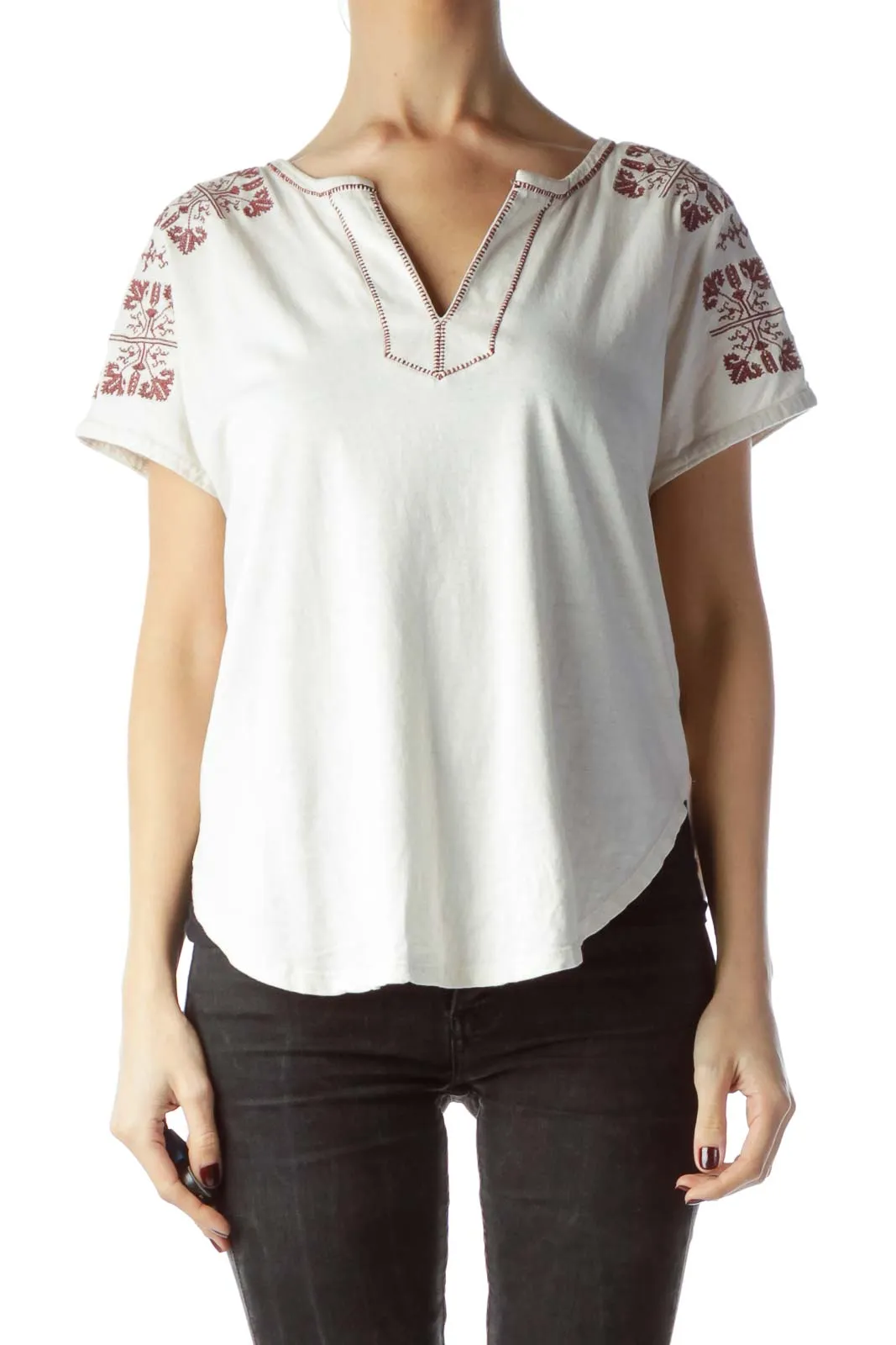 Cream Burgundy Neckline Embroidered Top