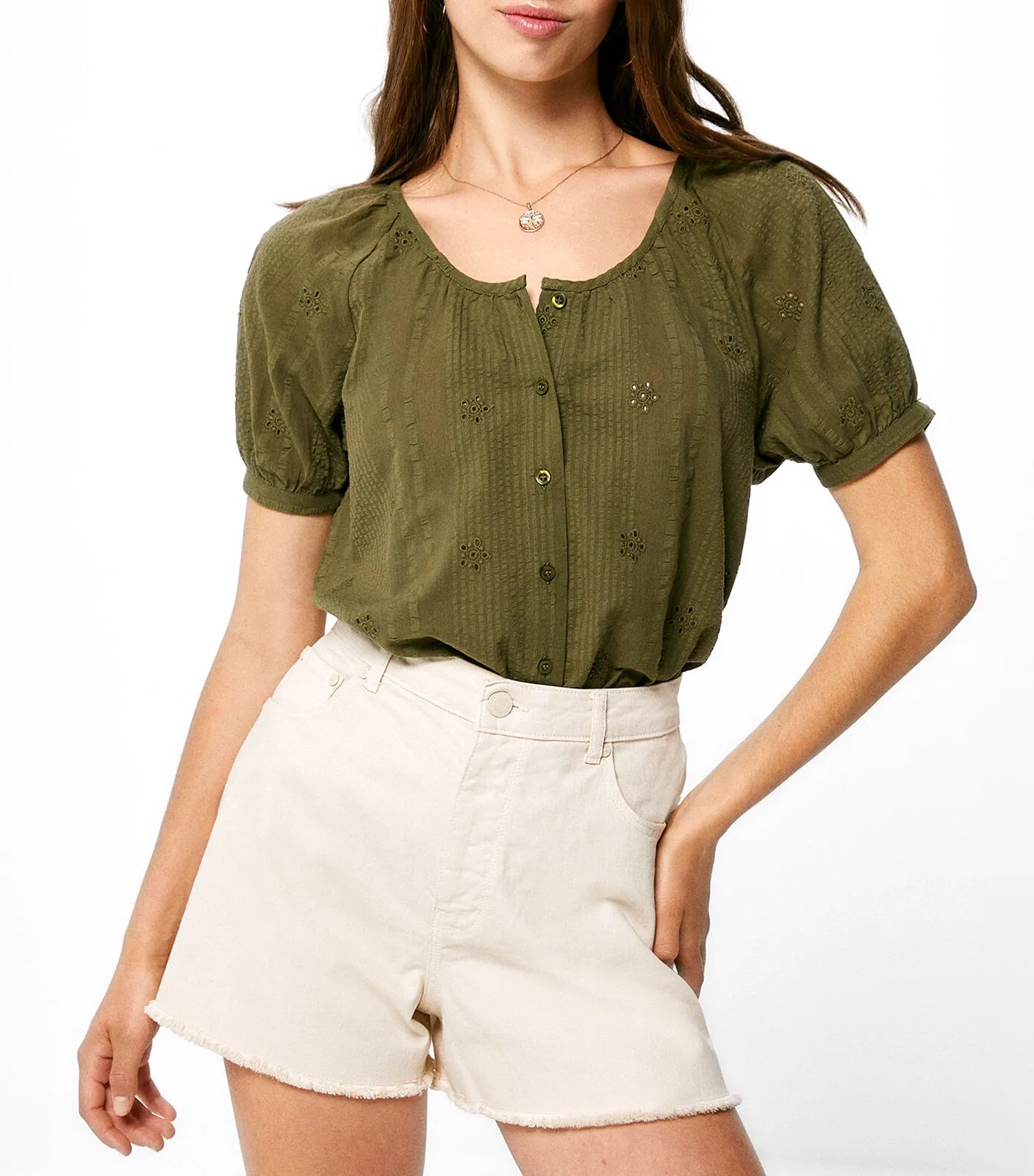 Dobby Volume Cotton Blouse Dark Khaki