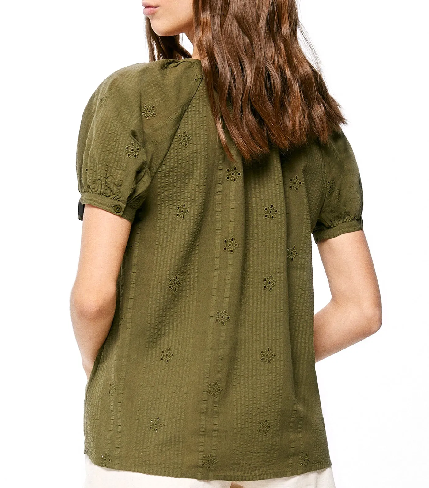 Dobby Volume Cotton Blouse Dark Khaki