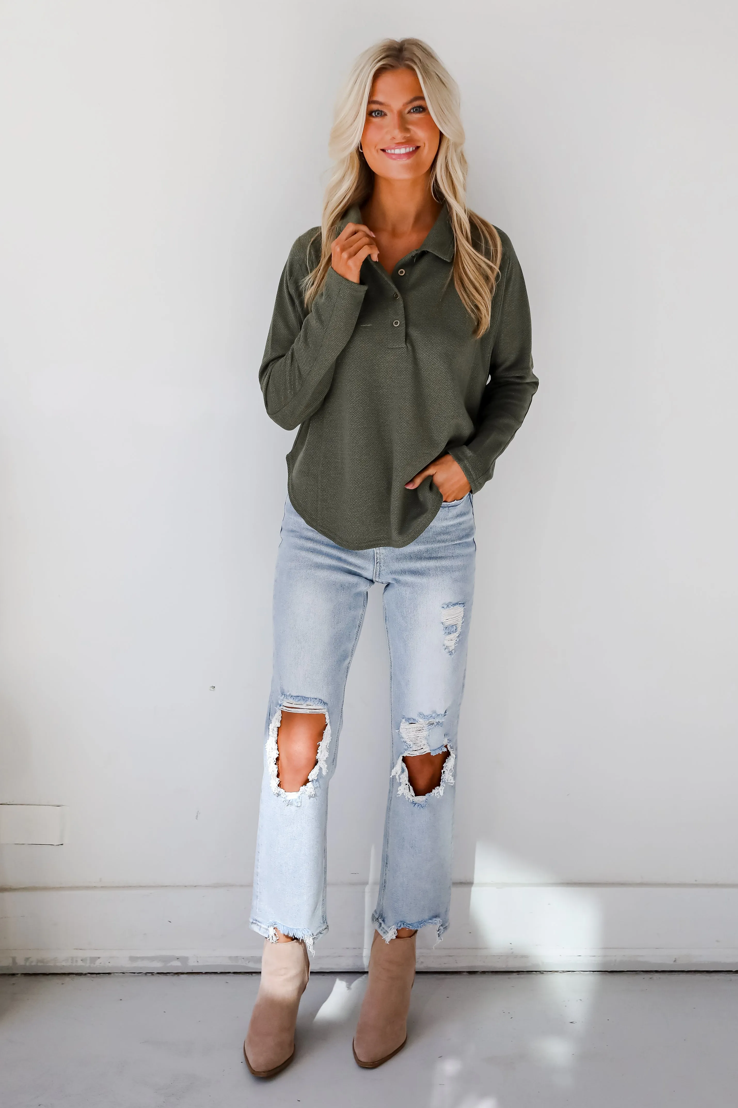 Ella Olive Collared Top - DOORBUSTER