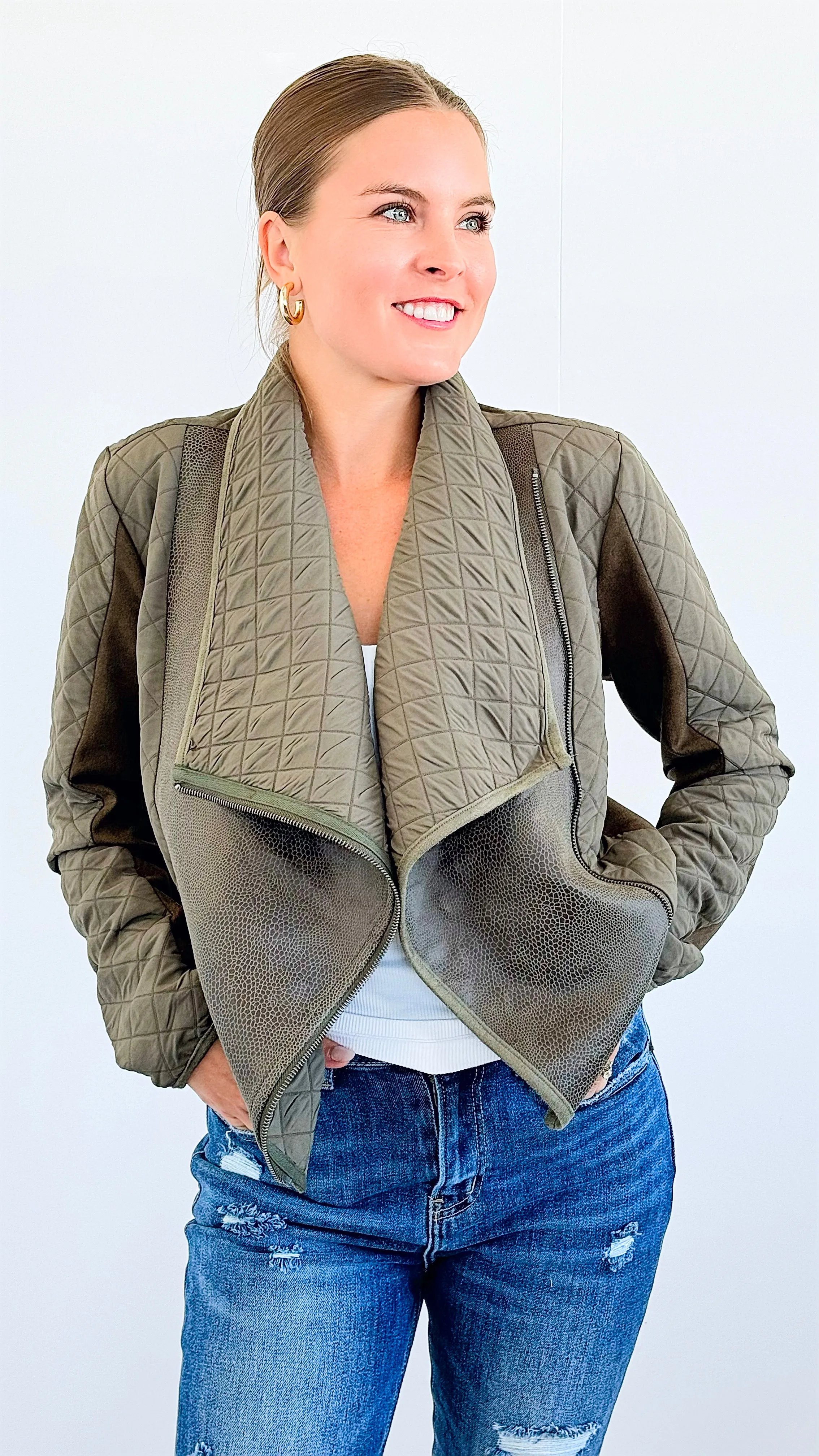 Faux Snake Skin & Suede Jacket - Olive