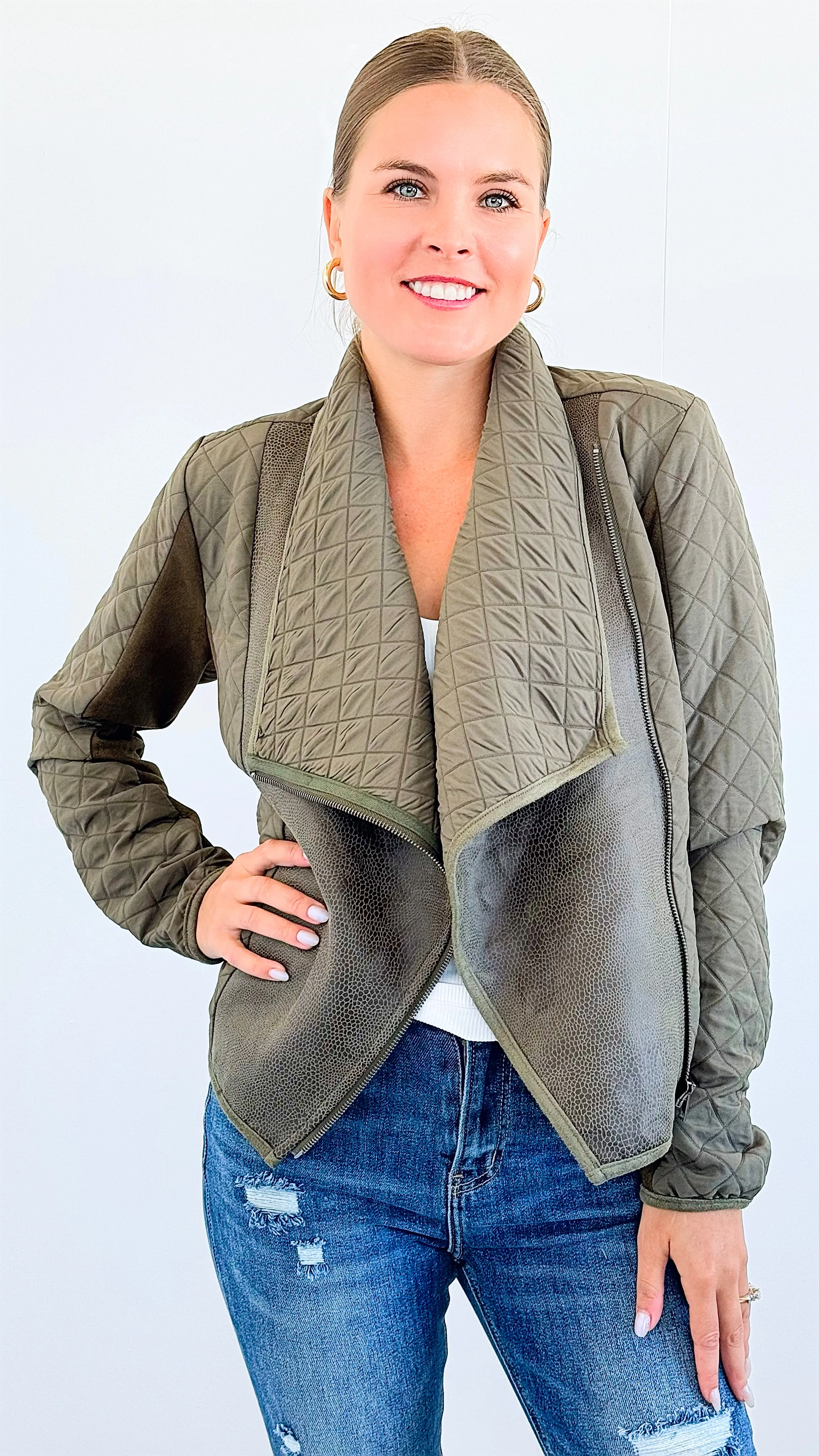 Faux Snake Skin & Suede Jacket - Olive