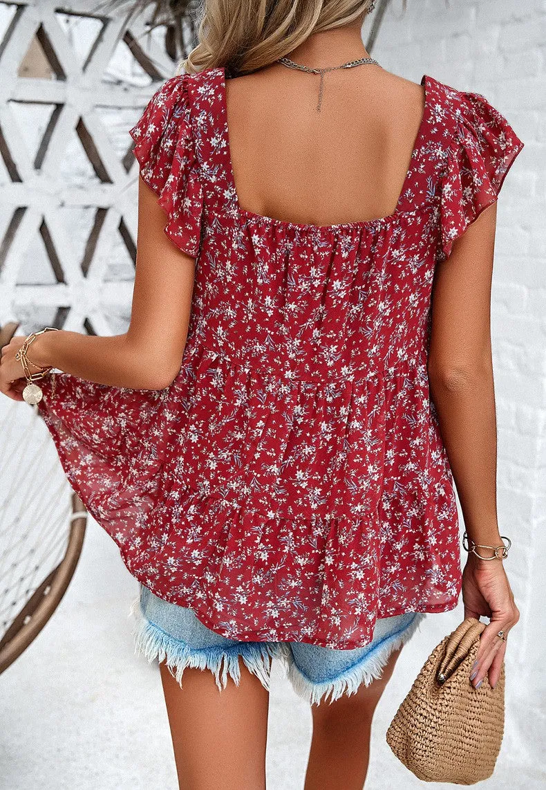 Floral Print Flowy Blouse with Tiered Ruffles and Cap Sleeves