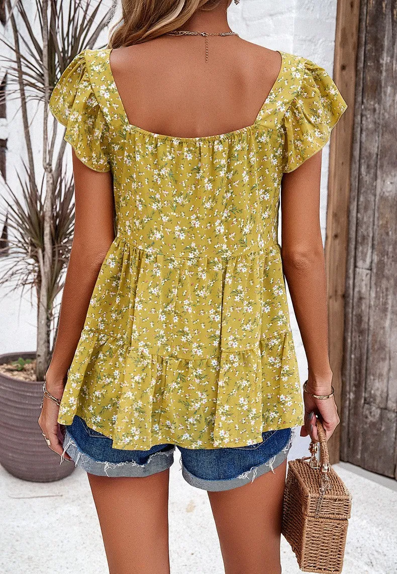 Floral Print Flowy Blouse with Tiered Ruffles and Cap Sleeves