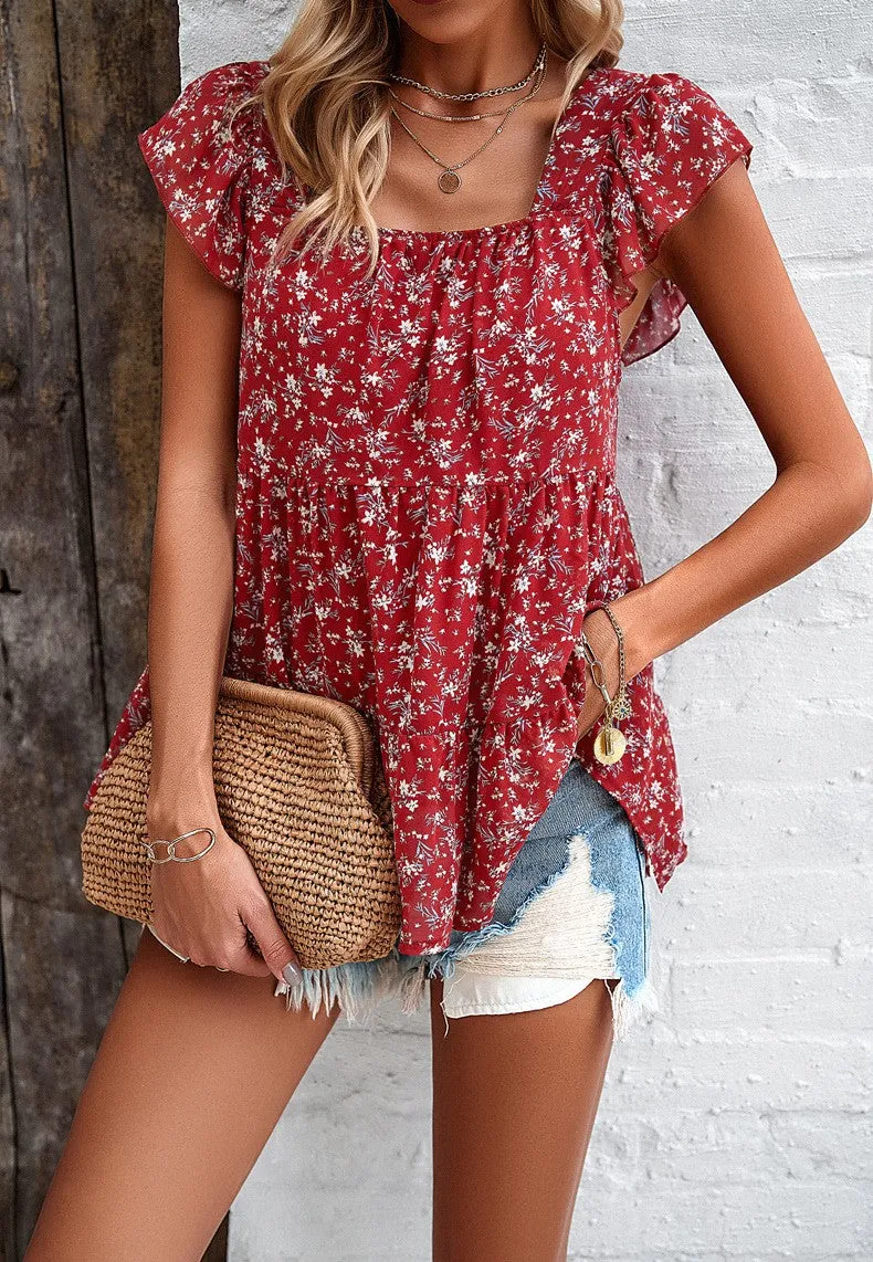 Floral Print Flowy Blouse with Tiered Ruffles and Cap Sleeves