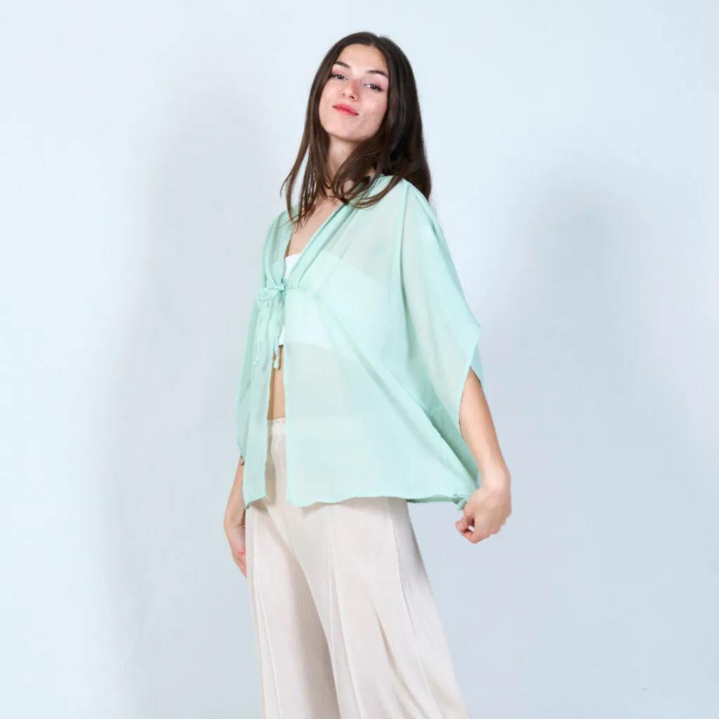 Flowy sheer blouse with tie front wholesale