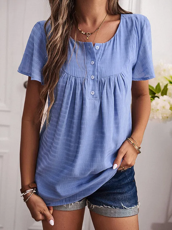 Flowy Spring-Summer Blouse | Textured Square Neck Short Sleeve Top