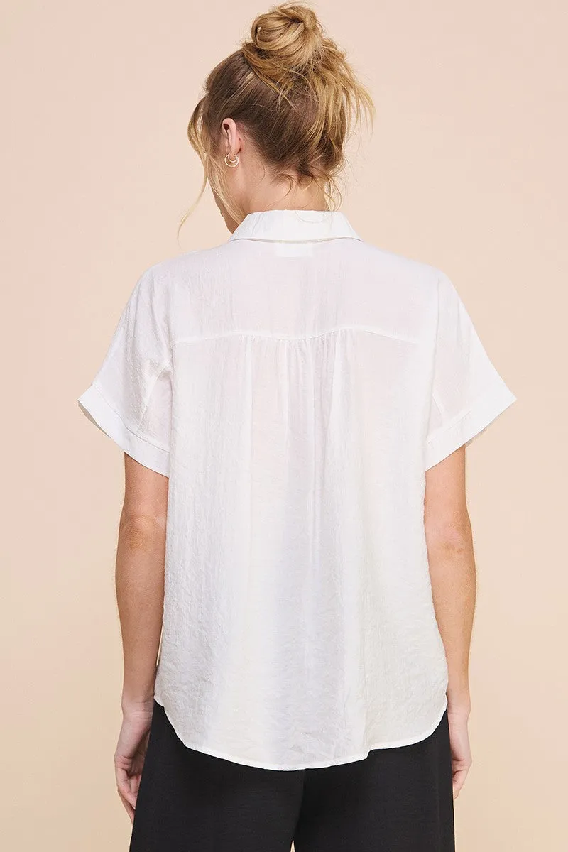 Flowy Textured Short Sleeve Button Front