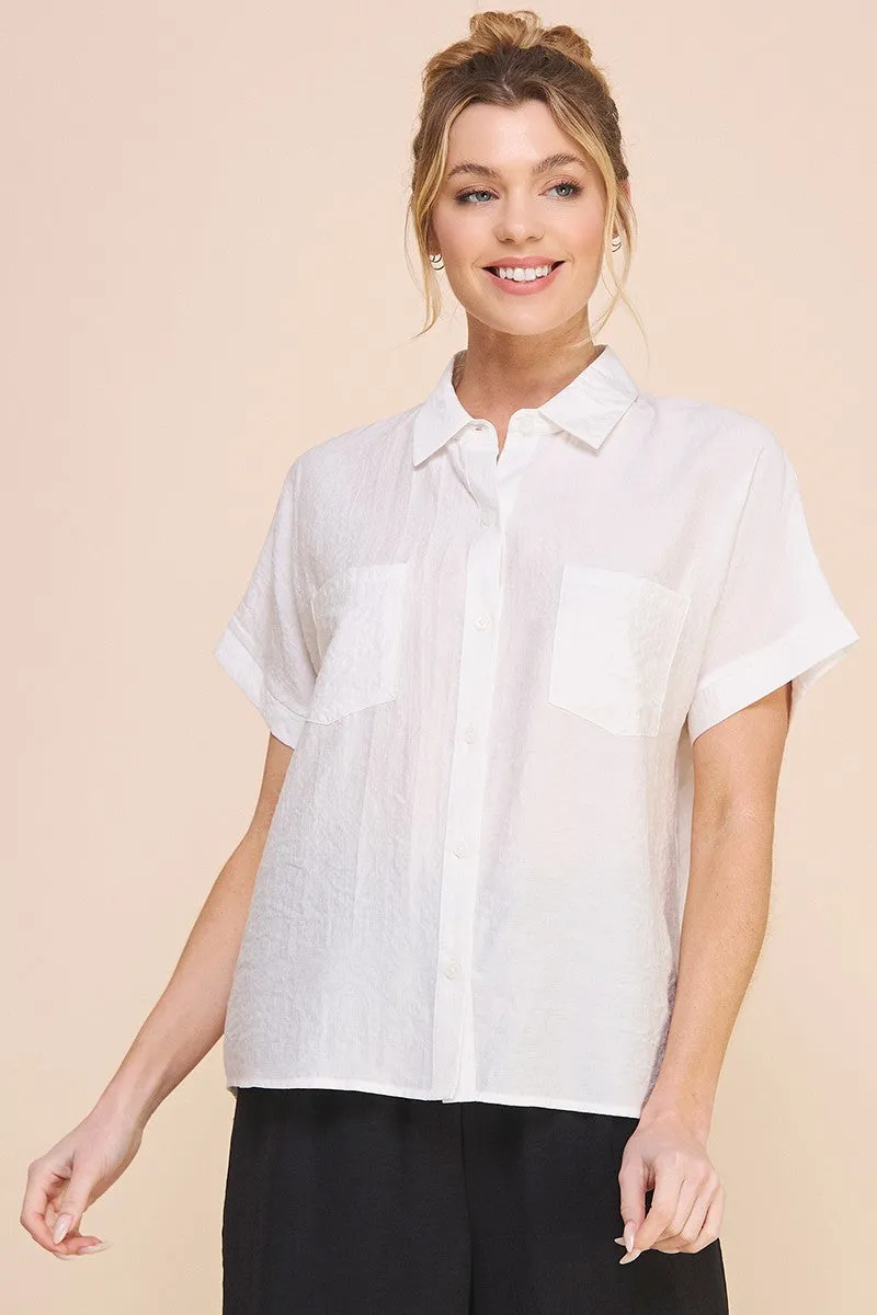 Flowy Textured Short Sleeve Button Front