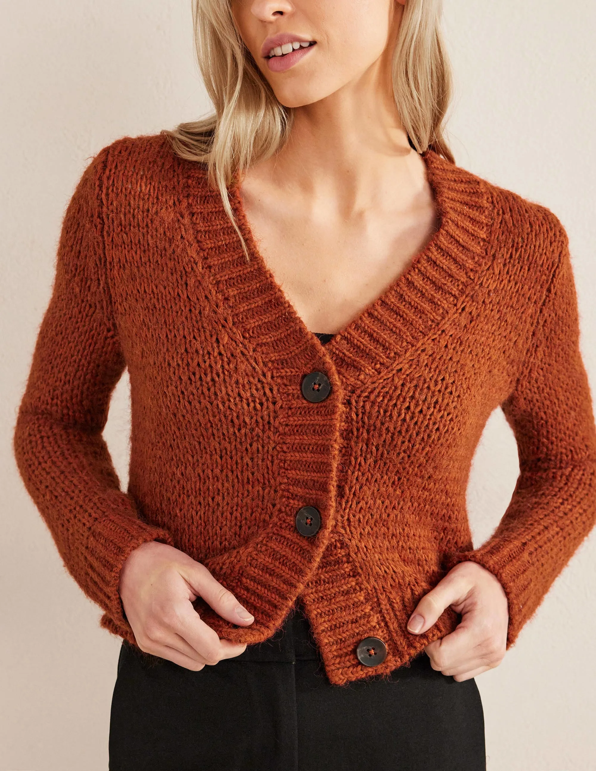 Fluffy Open Stitch Cardigan-Rust