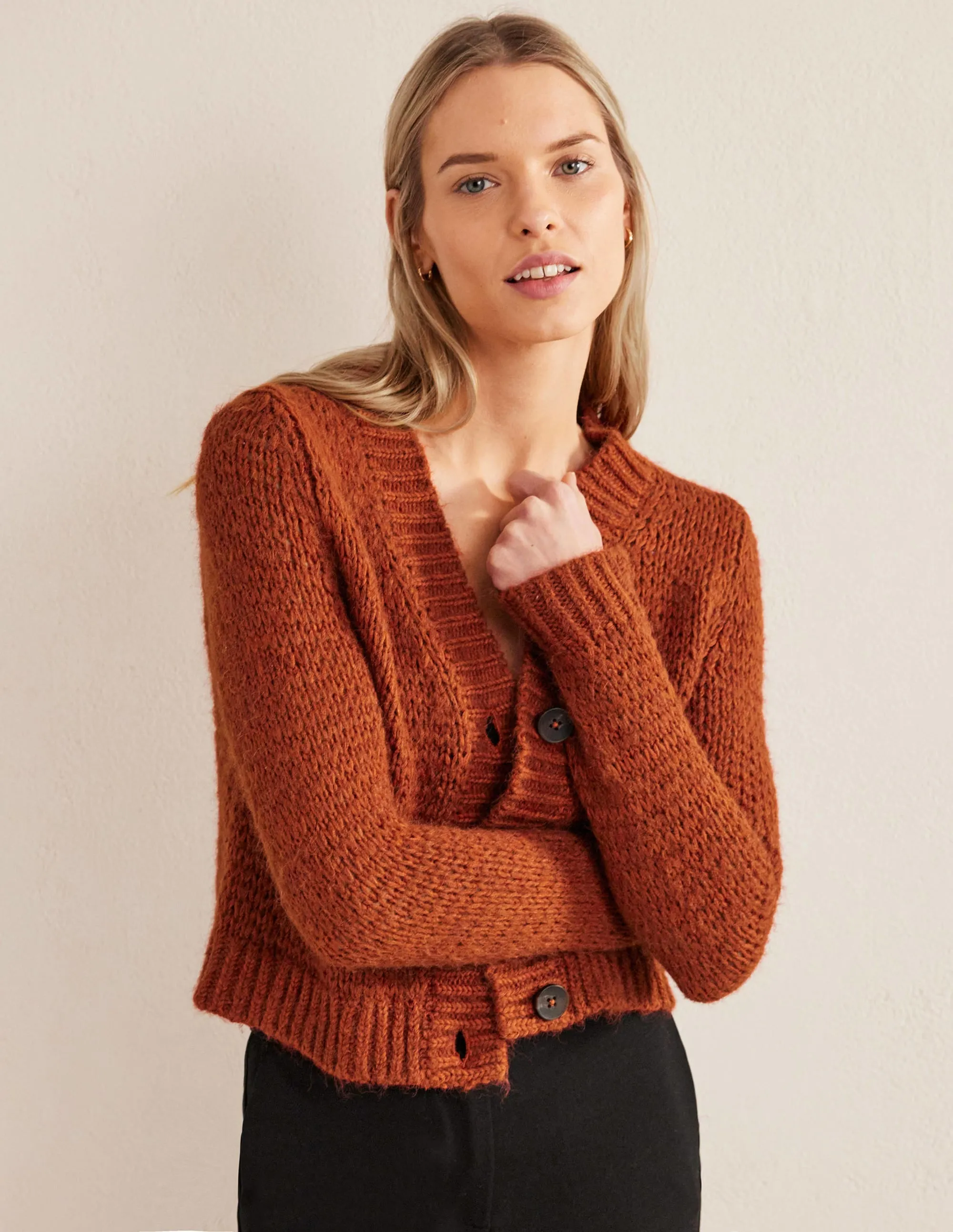 Fluffy Open Stitch Cardigan-Rust