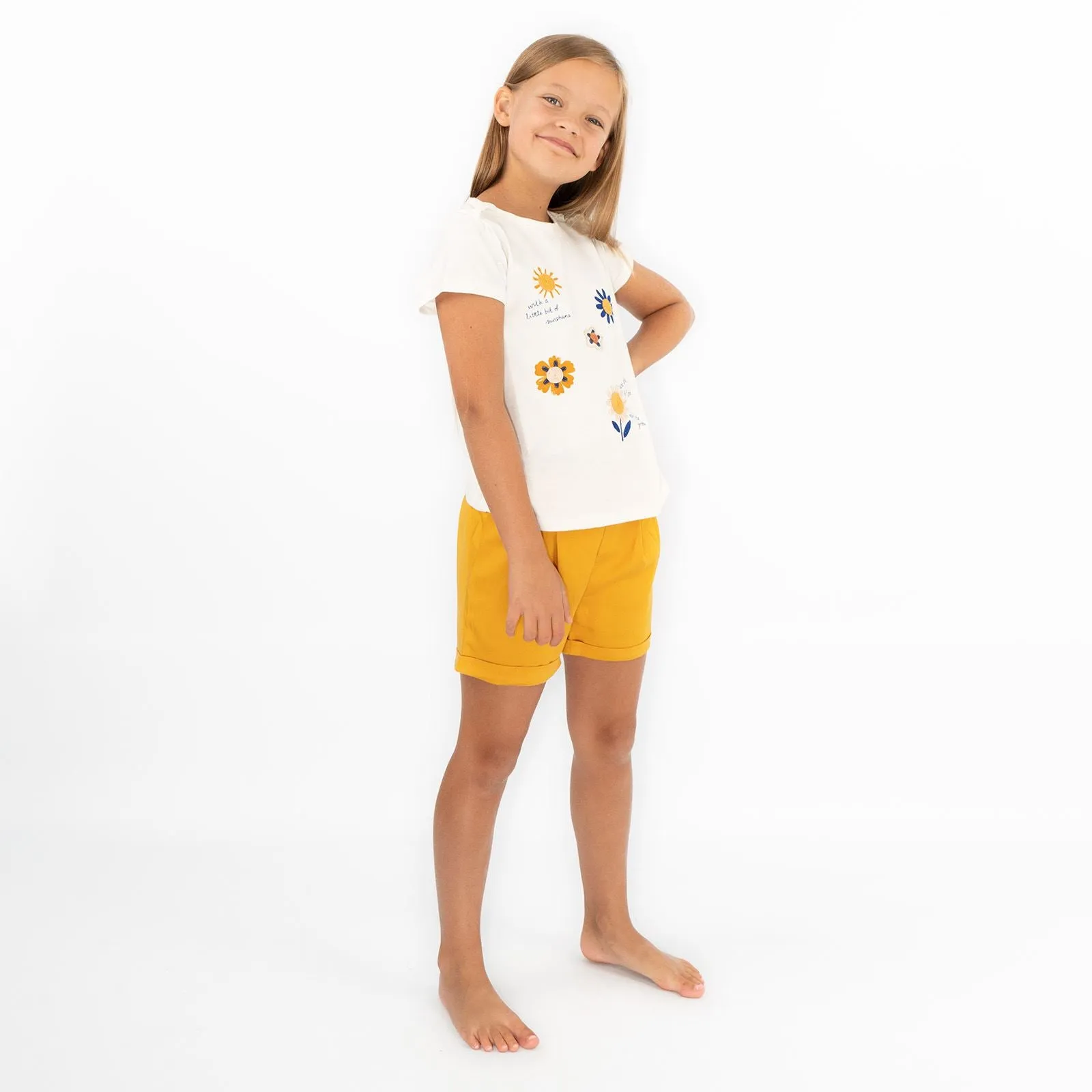 Girls Ivory T-Shirt Summer Sunflower Embroidered Tops