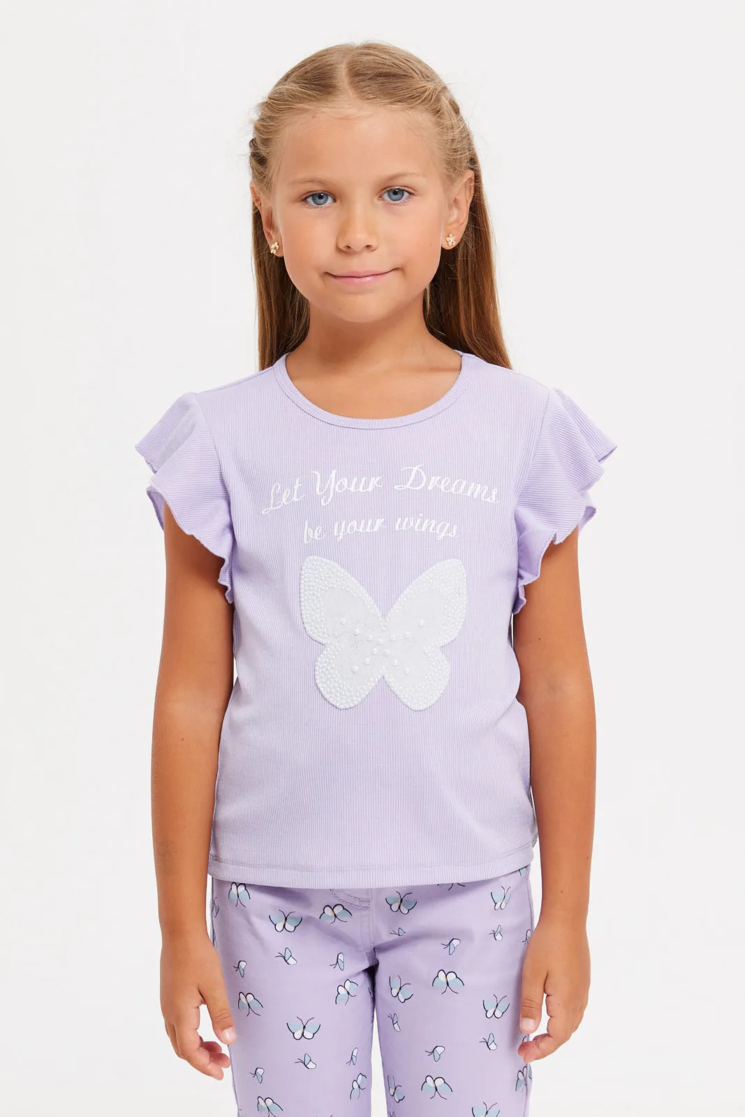 Girls Lilac Embroidered T-Shirt