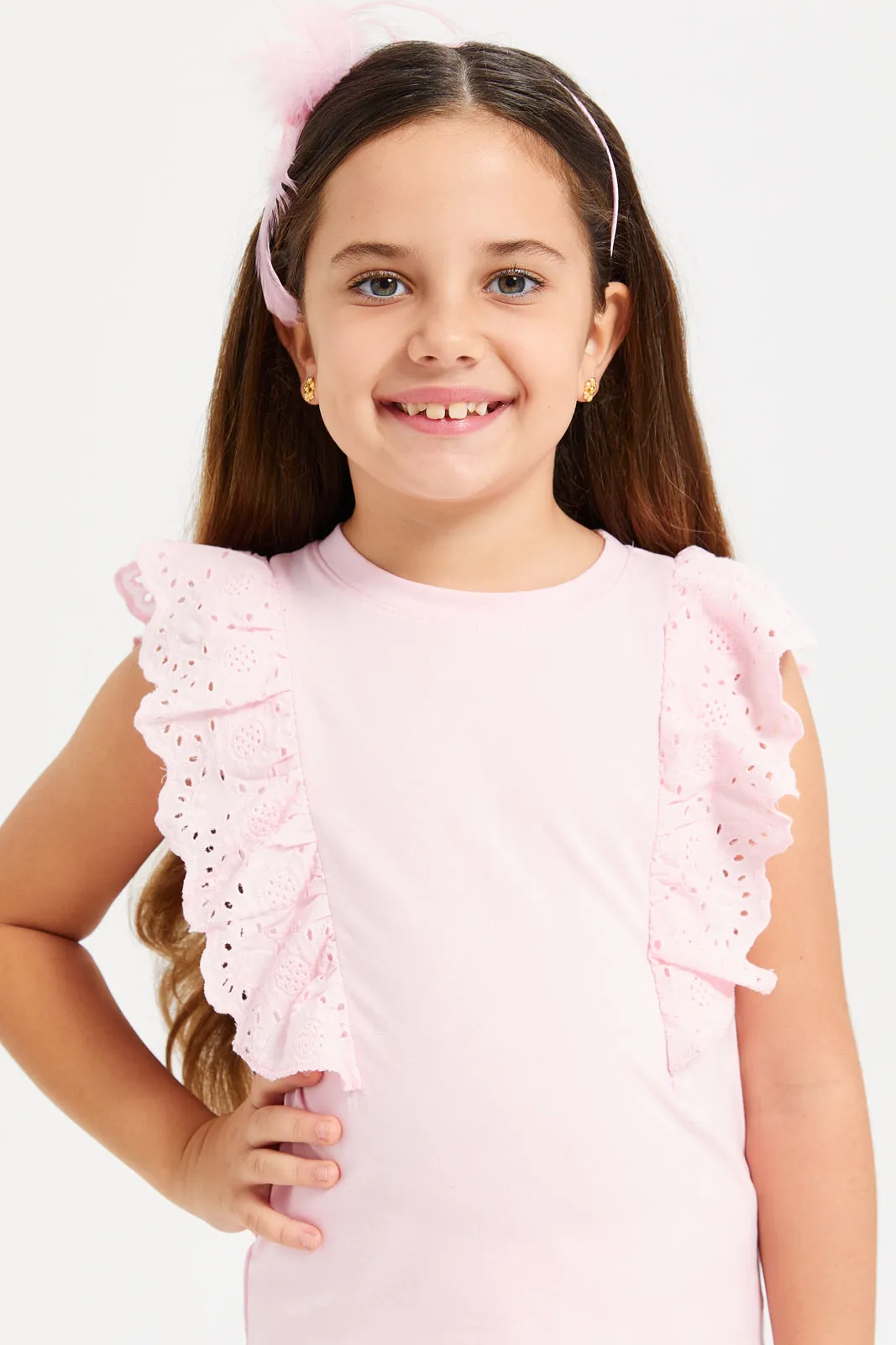 Girls Pink Embroidered Frill Top