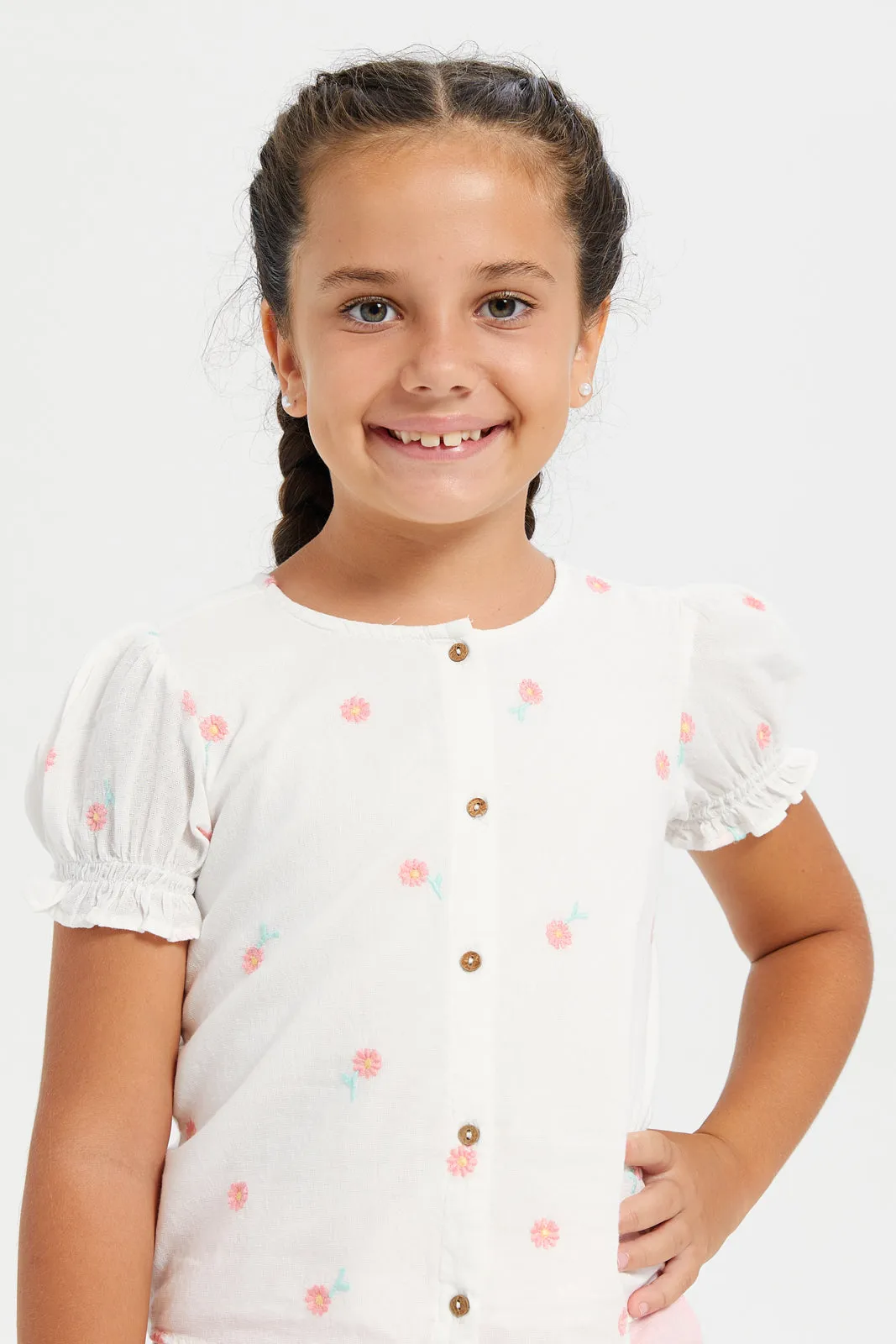 Girls White Embroidered Blouse