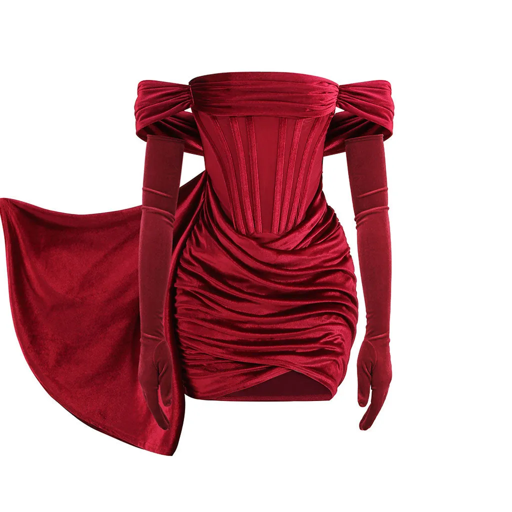 Holiday Off Shoulder Cowl Neck Corset Cocktail Mini Dress - Burgundy