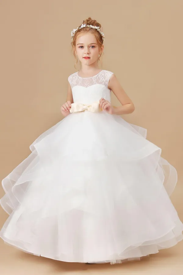 Ivory Multi Layered Tulle Ruffled Satin Flower Girl Dresses With Champagne Bow Front and Back APF0020