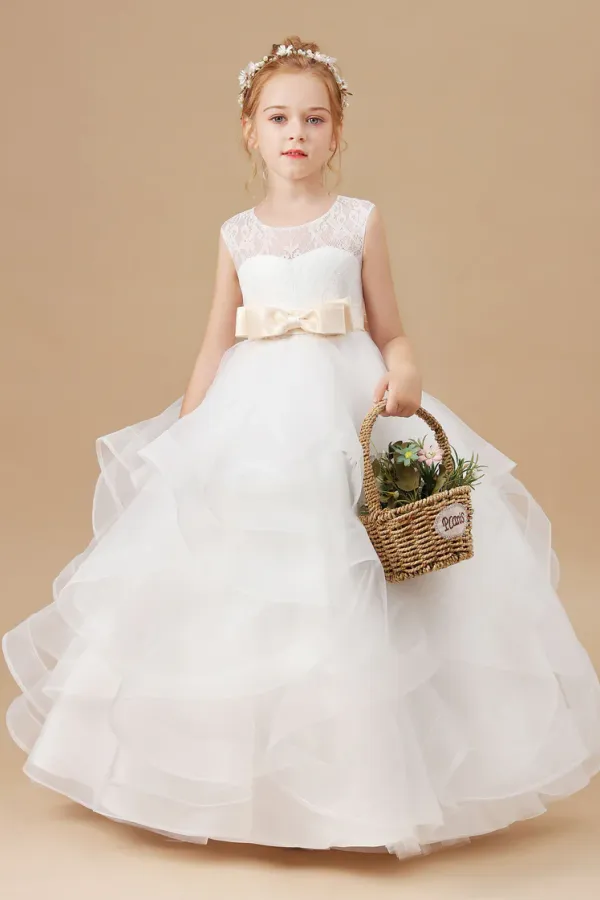 Ivory Multi Layered Tulle Ruffled Satin Flower Girl Dresses With Champagne Bow Front and Back APF0020